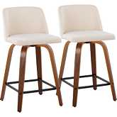 Toriano 24" Swivel Counter Stool in Walnut Wood & Cream Noise Fabric with Black Footrest (Set of 2)